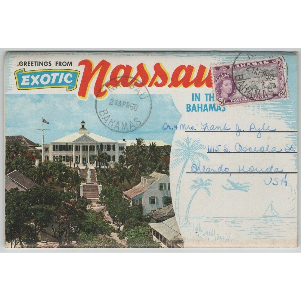Nassau Bahamas Government House 1960 Chrome Postcard Columbus Statue Posted